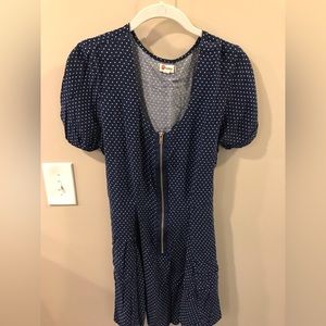 Blue and White Zip Up Polka Dot Short-sleeve Dress